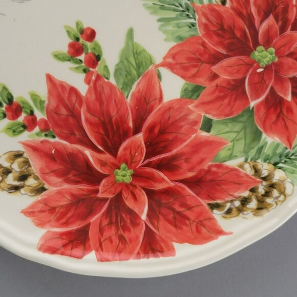 Winter Poinsettia Salad Plate, Set of 2, Cabin in Snow, Pinecone & Floral Design - Picture 5 of 10